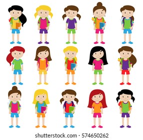 Collection of Cute and Diverse Vector Format Female Students or Graduates - Some of the Children and Kids have Backpacks, Books and Graduation Caps