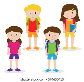 Collection of Cute and Diverse Vector Format Female Students or Graduates - Some of the Children and Kids have Backpacks, Books and Graduation Caps