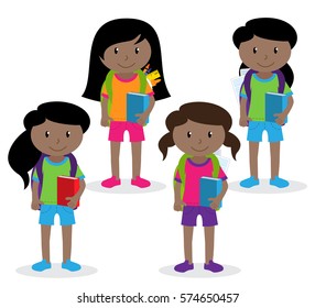 Collection of Cute and Diverse Vector Format Female Students or Graduates - Some of the Children and Kids have Backpacks, Books and Graduation Caps