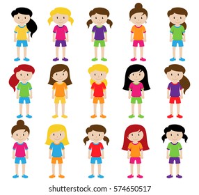 Collection of Cute and Diverse Vector Format Female Students or Graduates - Some of the Children and Kids have Backpacks, Books and Graduation Caps
