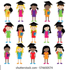 Collection of Cute and Diverse Vector Format Female Students or Graduates - Some of the Children and Kids have Backpacks, Books and Graduation Caps