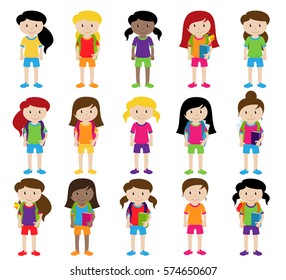 Collection of Cute and Diverse Vector Format Female Students or Graduates - Some of the Children and Kids have Backpacks, Books and Graduation Caps