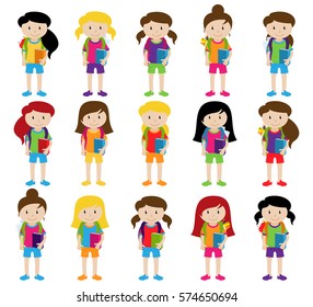 Collection of Cute and Diverse Vector Format Female Students or Graduates - Some of the Children and Kids have Backpacks, Books and Graduation Caps