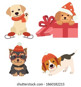 The collection of cute dog for christmas and holiday in flat vector style.