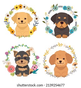 The collection of cute dog with flower wreath in flat vector style. Illustration about pet and animal with plant, floral.