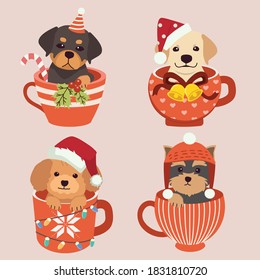 The collection of cute dog sitting in the mug cup with Christmas party theme. Graphic resource for graphic, content , banner, sticker label and greeting card.