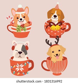 The collection of cute dog sitting in the mup cup withh christmas party theme. Graphic resource for graphic,content , banner, sticker label and greeting card.
