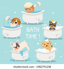 The collection of cute dog with tube and text of bath time in flat vector style. illustation about dog grooming and healthcare for graphic , content, greeting card.