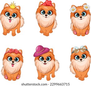 Collection of cute dogs, cartoon pomeranian spitz