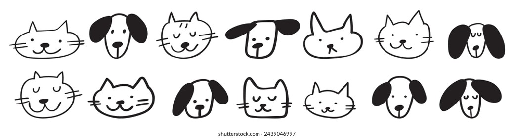 Collection of cute dogs and cats faces. Black color. Isolated icons. Vector outline illustrations on white background. 