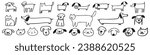 Collection of cute dogs and cats. Sitting, standing and only faces. Hand drawn vector outline illustrations. Contour art. Black color. White background.