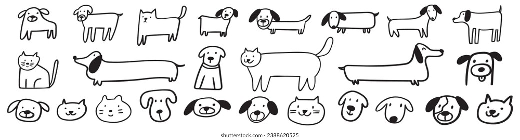Collection of cute dogs and cats. Sitting, standing and only faces. Hand drawn vector outline illustrations. Contour art. Black color. White background.