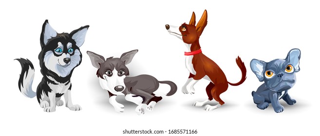 Collection with cute dogs of different breeds. Set of funny dogs, on a white background. Furry human friends home animals