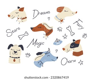 Collection of cute dogs in doodle style on a white background. Muzzles of cute dogs of different variants