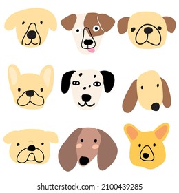 Colección de rostros de perros lindos. Icono vectorial ilustraciones sobre fondo blanco.