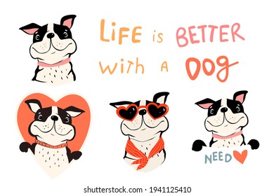 Collection of cute dogs, french bulldog or pug with quote and holding sign. Pet lovers symbols with Heart shapes. Fun Vector clipart in simple flat style for dog lovers.