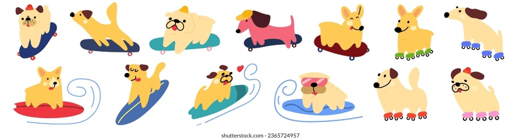 Collection of cute dogs. Roller skates, skateboards, surfing. 
Hand drawn vector illustrations on white background.