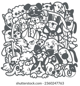 Collection of cute dogs. Set of doodle pets on a white background. Hand drawn illustration with black and white dogs ,Hand drawing Doodle