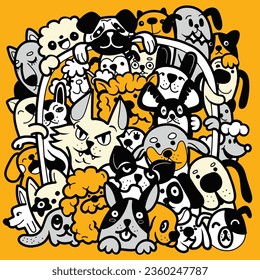 Collection of cute dogs. Set of doodle pets on a white background. Hand drawn illustration with black and white dogs ,Hand drawing Doodle