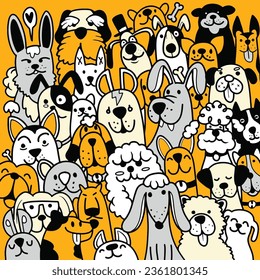 Colección de perros lindos. Conjunto de mascotas de doodle sobre un fondo blanco. Ilustración dibujada a mano con perros blancos y negros, dibujo a mano Doodle