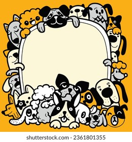 Sammlung süßer Hunde. Set von Doodle-Haustieren auf weißem Hintergrund. Handgezeichnete Illustration mit schwarz-weißen Hunden , Handzeichnung Doodle