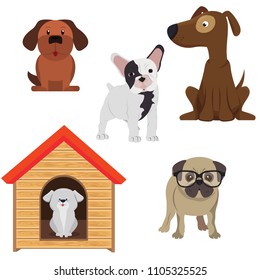 A collection of cute dogs. Vector illustration of a funny cartoon of different breeds of dogs. Isolated on white