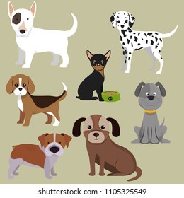 A collection of cute dogs. Vector illustration of a funny cartoon of different breeds of dogs. Isolated on white