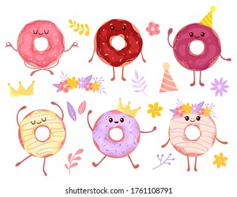 Collection of cute donut characters. Fun pastries, stickers and prints on a white background.