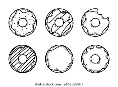 Collection of cute donuts in doodle style. Top view of birthday pastry. Various types of donuts in glaze and chocolate, elements for design of cafe, menu, banner. Line vector cartoon illustration