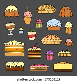 Collection of cute doodle cakes for birthday, easter, party, sweet cafe isolated on chalkboard background.