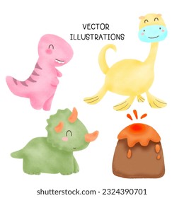 Collection of Cute doodle dinosaur with watercolor illustration