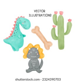 Collection of Cute doodle dinosaur with watercolor illustration