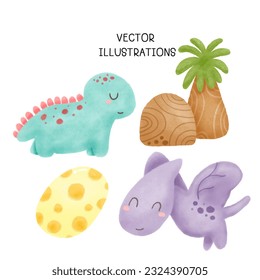 Collection of Cute doodle dinosaur with watercolor illustration