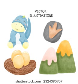 Collection of Cute doodle dinosaur with watercolor illustration