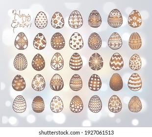 Collection of cute doodle eggs on white glowing background