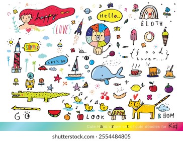 Collection of cute doodle handwritten decorative design elements, hand drawn in trendy doodle style - animals, plants, symbols. Colorful vector illustration