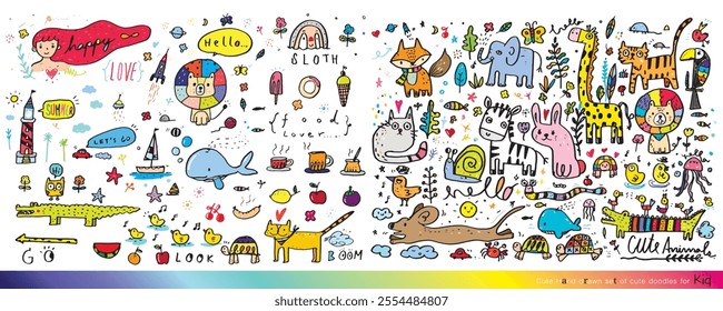 Collection of cute doodle handwritten decorative design elements, hand drawn in trendy doodle style - animals, plants, symbols. Colorful vector illustration