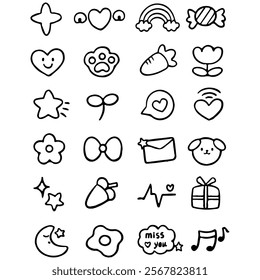 Collection of cute doodle icons. Hearts, flowers, stars, and more. Flat vector illustration, graphic, editable stroke. Suitable for website design, stickers, and app templates