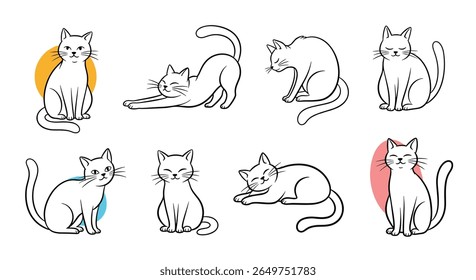 Collection of cute doodle illustrations featuring various cat poses and activities