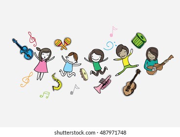 collection of cute doodle kids playing different musical instruments