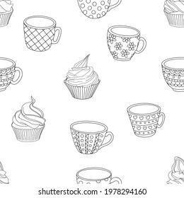 Collection of cute doodle mug cakes in coffee mugs. Can be used for recipes, postcards, posters, culinary articles.