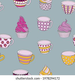 Collection of cute doodle mug cakes in coffee mugs. Can be used for recipes, postcards, posters, culinary articles.