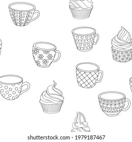 Collection of cute doodle mug cakes in coffee mugs. Can be used for recipes, postcards, posters, culinary articles.