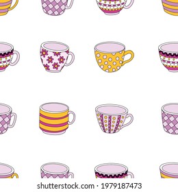 Collection of cute doodle mug cakes in coffee mugs. Can be used for recipes, postcards, posters, culinary articles.