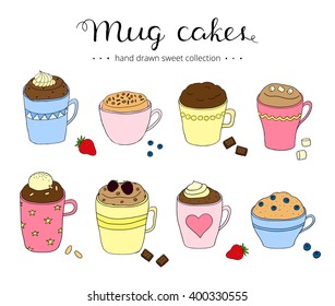 Collection of cute doodle mug cakes in coffee mugs. Can be used for recipes, postcards, posters, culinary articles.