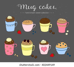 Collection of cute doodle mug cakes.
