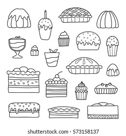 Collection of cute doodle outline cakes for birthday, easter, party, sweet cafe isolated on white background.