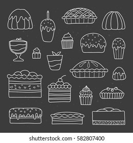 Collection of cute doodle outline cakes for birthday, easter, party, sweet cafe isolated on the blackboard.