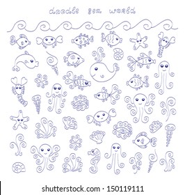 A collection of cute doodle sea animals and elements. 