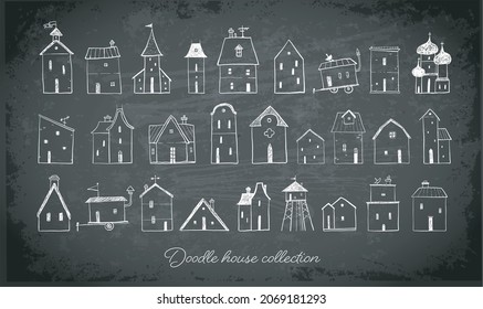 Collection of cute doodle sketch houses on blackboard background